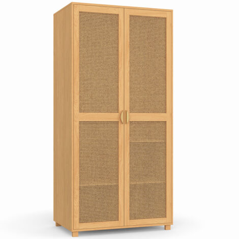 Armoire 2 portes EDHEN cannage et bois penderie 80 cm avec étagères rangement