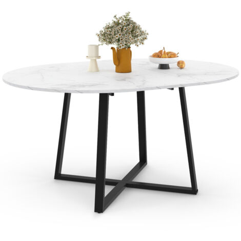 Idmarket – Table à manger extensible ronde – Plateau marbre blanc et noir – 4 à 8 personnes – Diamètre 110-150 cm – Pieds en métal noir (1/5)