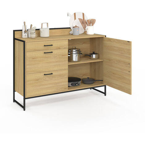 Buffet Bas De Cuisine VITO 120 Cm - Blanc Et Bois, 1 Porte + 3 Tiroirs, Plan De Travail Pratique