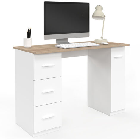 Idmarket – Bureau droit 110x50 cm avec 3 tiroirs et placard – Structure en panneaux de particules – Coloris blanc et bois – Hauteur 75 cm
