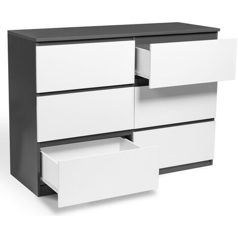 Commode 6 tiroirs TOMI 110 cm bois blanc et gris