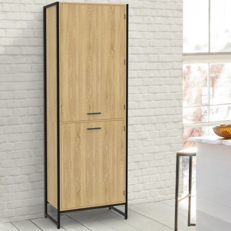 Idmarket – Colonne de cuisine 60 cm – Design industriel bois et métal noir – 2 portes avec rangement ajustable – Hauteur 176,5 cm (1/4)