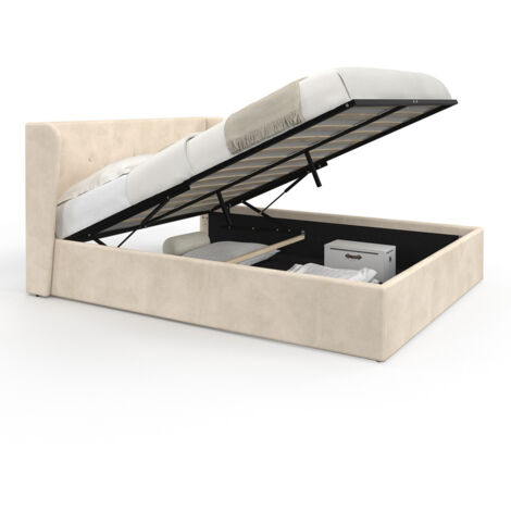 Lit coffre double OREA avec tête de lit enveloppante à oreilles et sommier 140 x 190 cm velours beige