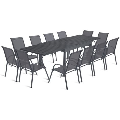 Salon de jardin POLY extensible table 135-270 CM et 12 chaises gris foncé