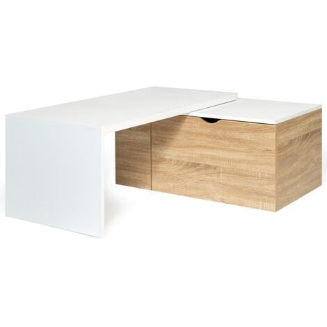 Table basse rotative bois et blanc 360° LIZZI extensible avec coffre