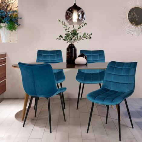 Lot de 4 chaises MADY en velours bleu canard pour salle à manger