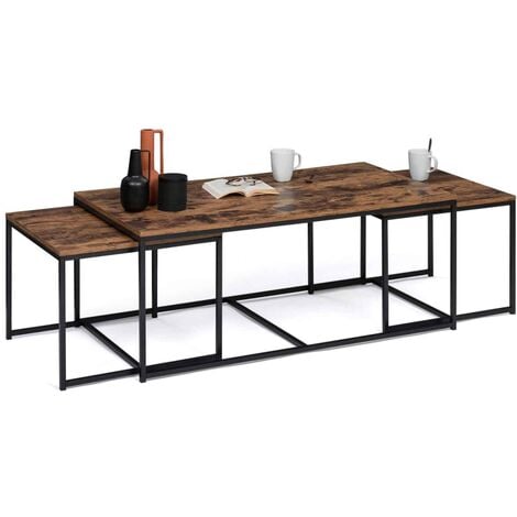 Lot de 3 tables basses gigognes DAYTON 113 cm plateau épais effet vieilli design industriel