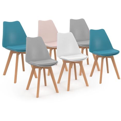 Lot de 6 chaises scandinaves SARA mix color pastel rose, blanc, gris clair x2, bleu x2