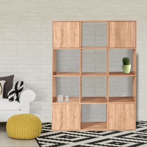 Meuble de rangement cube RUDY 12 cases bois façon hêtre avec portes