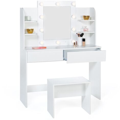Coiffeuse ZELIA blanche table de maquillage 4 étagères, miroir LED et tabouret