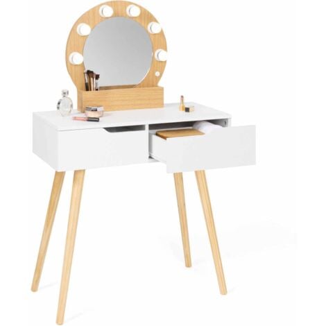 Coiffeuse scandinave 2 tiroirs HORIA bois et blanc avec miroir LED