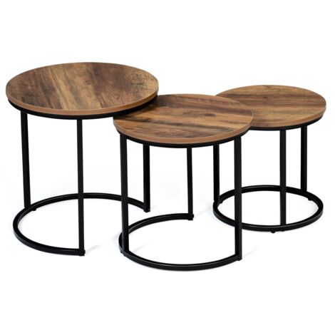 Idmarket – Lot de 3 tables basses gigognes rondes 30/35/40 cm – Bois foncé effet vieilli – Structure métal noir – Assemblage facile