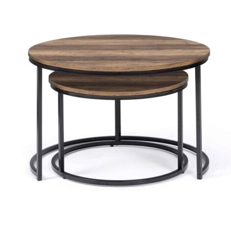 Lot de 2 tables basses gigognes HAWKINS rondes 54/70 bois foncé design industriel