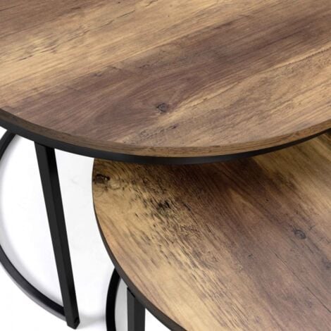 Lot de 2 tables basses gigognes HAWKINS rondes 54/70 bois foncé design industriel