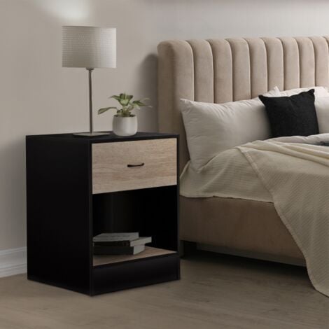 Lot de 2 tables de chevet OLGA 1 tiroir avec niche bois noir et tiroir façon hêtre