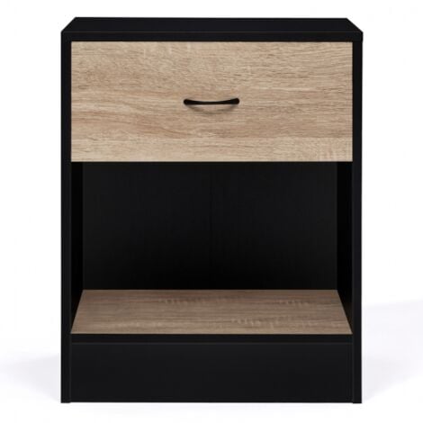 Lot de 2 tables de chevet OLGA 1 tiroir avec niche bois noir et tiroir façon hêtre