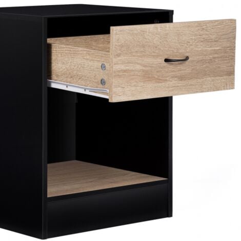 Lot de 2 tables de chevet OLGA 1 tiroir avec niche bois noir et tiroir façon hêtre