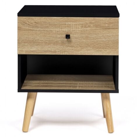 Lot de 2 tables de chevet EMMIE scandinaves 1 tiroir avec niche noir et hêtre