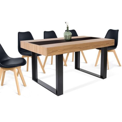 Table à manger PHOENIX 6 personnes bois et noir bande centrale noire 160 cm