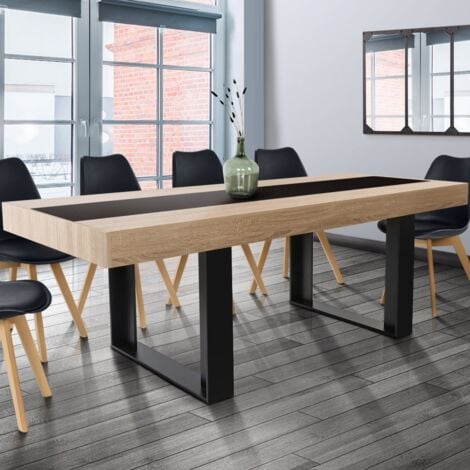 Table à manger rectangle PHOENIX 8 personnes bois et noir bande centrale noire 200 cm