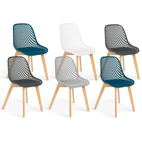 Lot de 6 chaises MANDY mix color blanc, gris clair, bleu canard x2, gris foncé x2