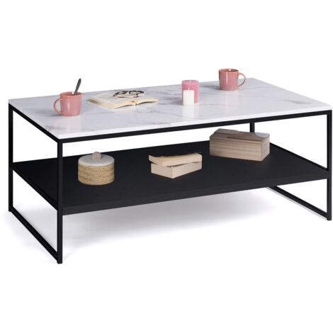 Idmarket – Table basse fixe double plateau effet marbre noir – Dimensions 113x60x45 cm – Structure métal noir – Compartiment ouvert pour rangement