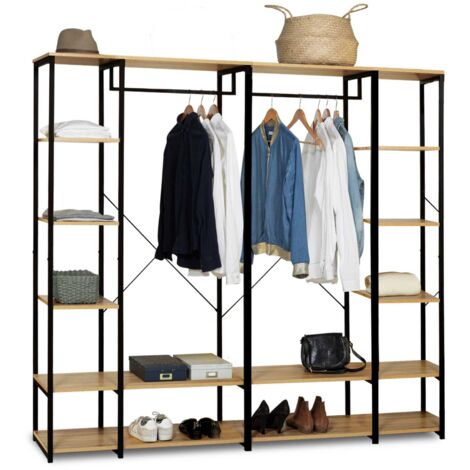 Idmarket – Dressing modulable double penderie 180 cm – Structure métal noir – 5 étagères en bois – Montage facile pour rangement optimisé