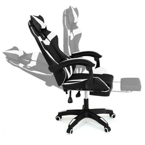 Fauteuil de gaming ALEX réglable avec repose-pied, coussin de tête et coussin lombaire noir et blanc