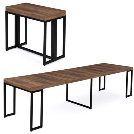 Idmarket – Table console extensible 300 cm pour 14 personnes – Bois foncé – Style industriel – Rallonges de 51 cm – Dimensions repliée 90x45 cm