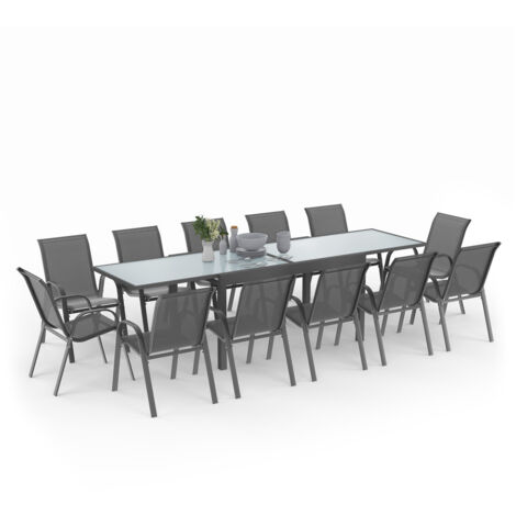 Salon de jardin MADRID table extensible 135-270 CM et 12 chaises empilables gris anthracite