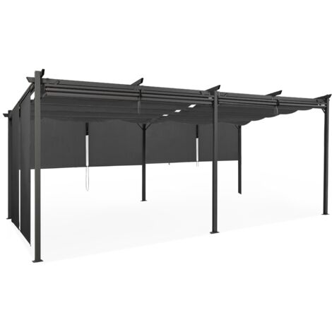 Idmarket – Pergola toit rétractable 3x6 m – Structure métal gris foncé – 6 stores enrouleurs inclus – Protection solaire ajustable
