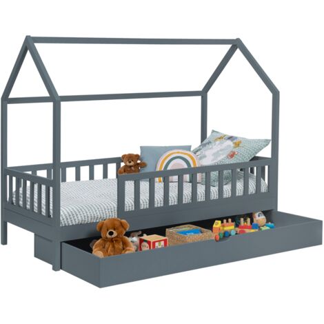 Idmarket – Lit cabane enfant 80 x 160 cm gris – Lit gigogne avec tiroir de rangement – Structure en bois de pin et MDF – Épaisseur 3 cm