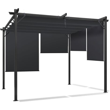 Idmarket – Pergola toit rétractable 3x3 m – 4 stores gris anthracite – Structure acier – Surface 9 m² – Montage facile avec kit de fixation