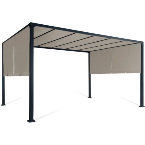 Idmarket – Pergola coulissante 2 pans 3x4 m – Structure en acier époxy gris – Toile polyester 160 gr/m² taupe – Hauteur 2,20 m pour ombrage personnalisable