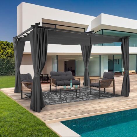 Pergola IDMarket 3x4m Toit Rétractable Avec 4 Rideaux Gris Anthracite - Édition Limitée, Jardin Et Terrasse