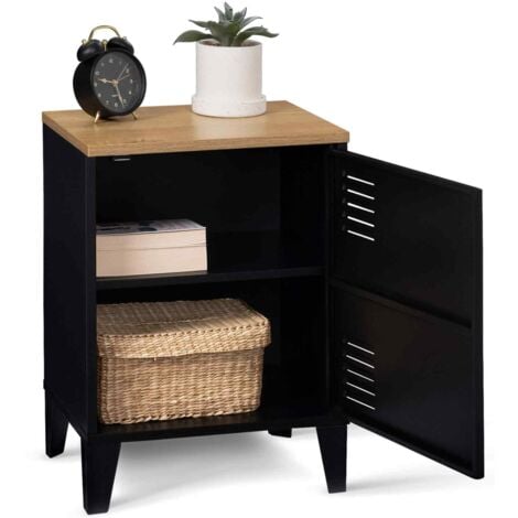 Table de chevet ESTER 1 porte métal noir plateau façon hêtre design industriel