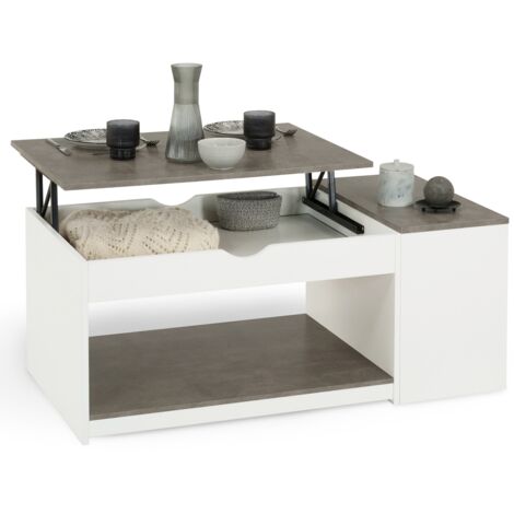 Idmarket – Table basse relevable rectangulaire avec coffre bois blanc et effet béton – Dimensions 110x60x45cm – Mécanisme acier laqué époxy