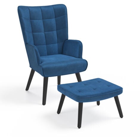 Fauteuil scandinave ANIA avec repose pieds velours bleu