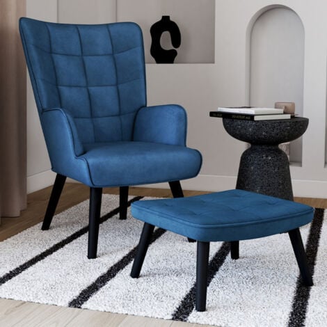 Fauteuil scandinave ANIA avec repose pieds velours bleu