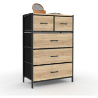 Idmarket – Chiffonnier 5 tiroirs en tissu – Commode semainier 60 cm – Structure métal et PB effet bois – Rangement esthétique et pratique