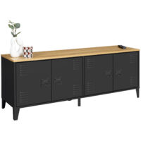 Idmarket – Buffet bas 140 cm 4 portes métal noir – Plateau bois hêtre – Design industriel – Rangement pour vaisselle et équipements hi-fi