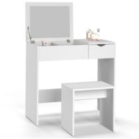 Idmarket – Coiffeuse enfant rabattable avec miroir – Dimensions L.80 x l.40 x H.75 cm – 1 tiroir et tabouret blanc – Panneaux de particules de bois