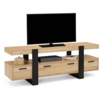 Idmarket – Meuble TV 140 cm avec 2 tiroirs en bois mélaminé noir – Plateau pour écran jusqu'à 60 pouces – Dimensions 140x40x50 cm