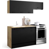 Idmarket – Cuisine complète 180 cm – 5 éléments bois et noir – Plan de travail 60 cm de profondeur – Hauteur 90 cm pour confort optimal
