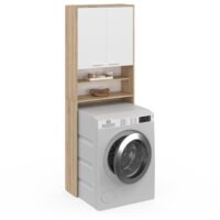 Idmarket – Meuble dessus machine à laver et WC WALLIS – Rangement bicolore blanc et hêtre – Dimensions 65x24x180 cm – Étagères ajustables