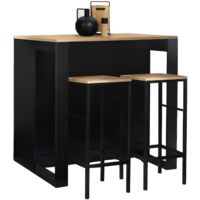 Idmarket – Ensemble table de bar îlot JUNO bois noir – 2 tabourets DETROIT – Longueur 113 cm x largeur 60 cm x Hauteur 90 cm – Design industriel