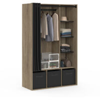 Idmarket – Dressing penderie DIANE 105 x 45 x 167 cm hêtre – 4 étagères spacieuses – 3 boîtes de rangement – Rideau noir pour protection