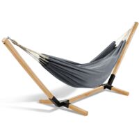 Idmarket – Hamac sur pied en bois – Toile gris anthracite – Charge maximale 150 kg – Dimensions 270 x 105 cm – Facile à monter et à déplacer