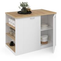 Idmarket – Îlot central TIBO 120 cm – Bois blanc – Plan de travail hêtre – Dimensions 120x70x90 cm – 2 portes avec étagères ajustables
