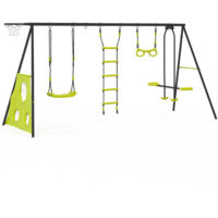 Idmarket – Balançoire 4 agrès portique – 1 balançoire face à face, trapèze, échelle, panier de basket, buts de foot – Structure acier thermolaqué – Dimensions 383x170x190cm